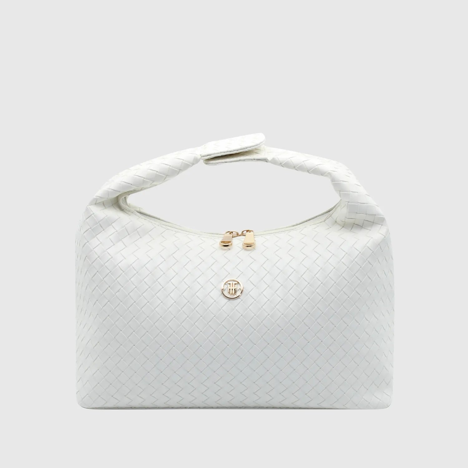 Allure handbag/sling for women in exclusive faux leather with intrecciato weave design, featuring a detachable golden metal chain sling and magnetic push-button handle. A stylish and elegant accessory with multiple compartments for organized storage.