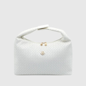 Allure handbag/sling for women in exclusive faux leather with intrecciato weave design, featuring a detachable golden metal chain sling and magnetic push-button handle. A stylish and elegant accessory with multiple compartments for organized storage.