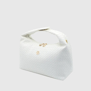 Allure handbag/sling for women in exclusive faux leather with intrecciato weave design, featuring a detachable golden metal chain sling and magnetic push-button handle. A stylish and elegant accessory with multiple compartments for organized storage.