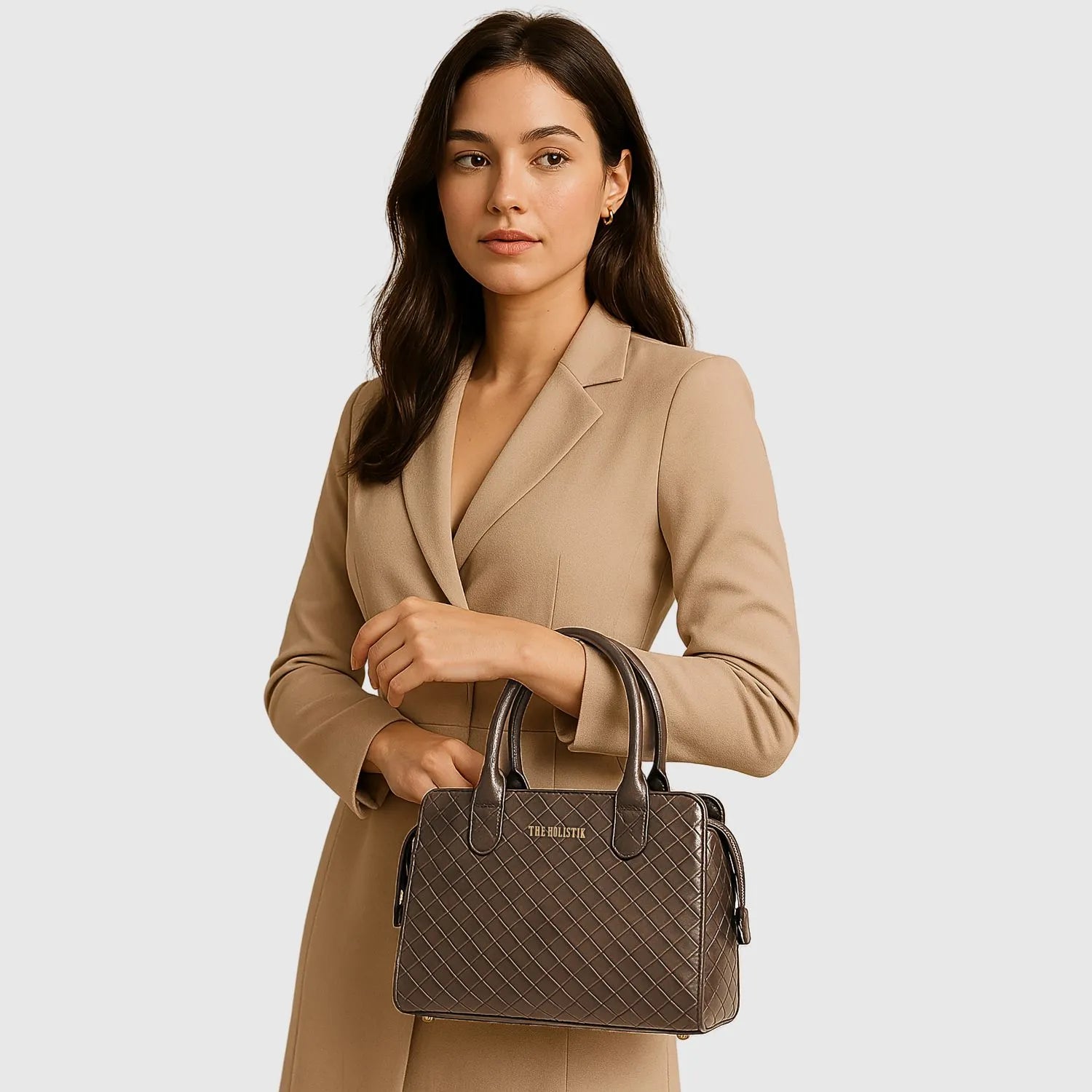 Naomi Walnut Brown Handbag | Woven Vegan Leather | Metallic Finish |Shoulder Bag