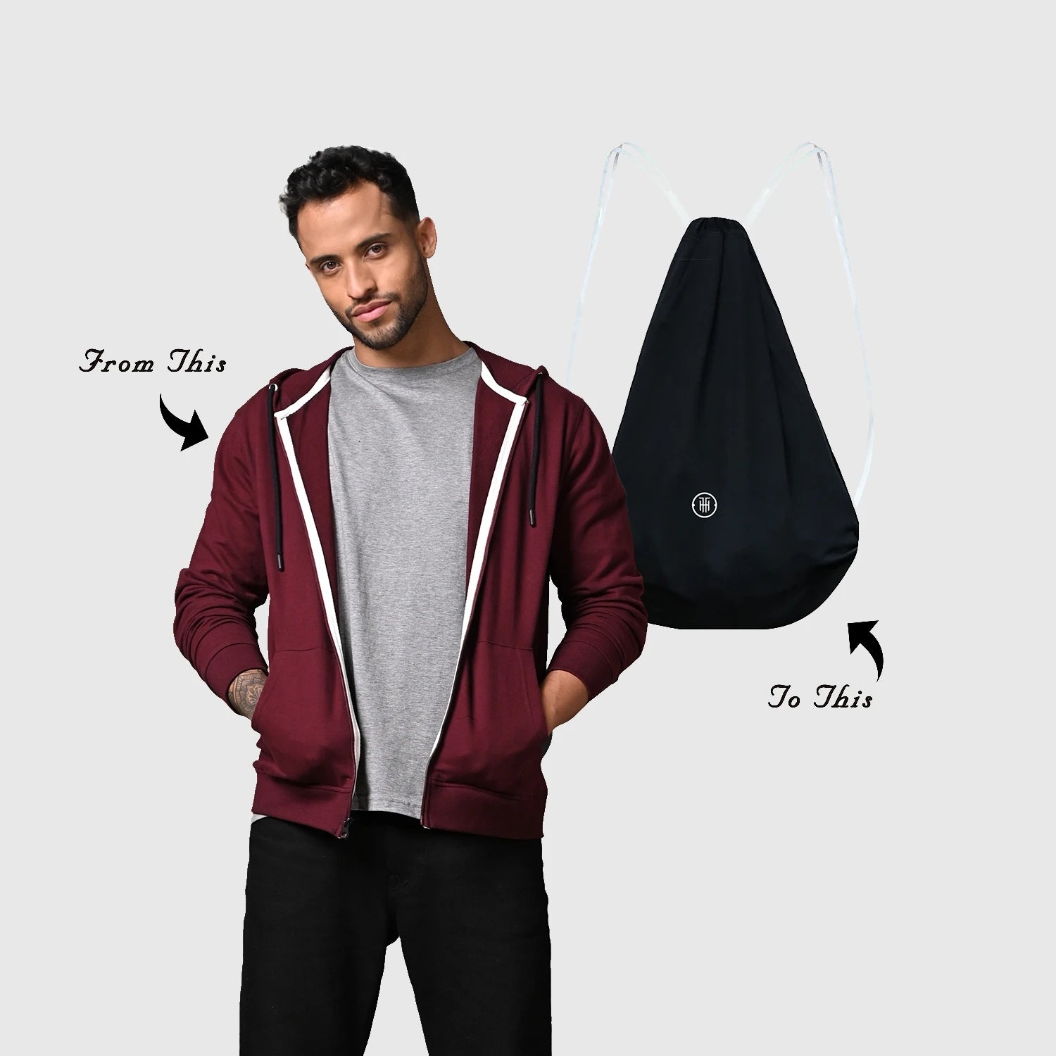 Stylish convertible jacket for everyday use and travel.

Lightweight jacket transforming into a drawstring bag.