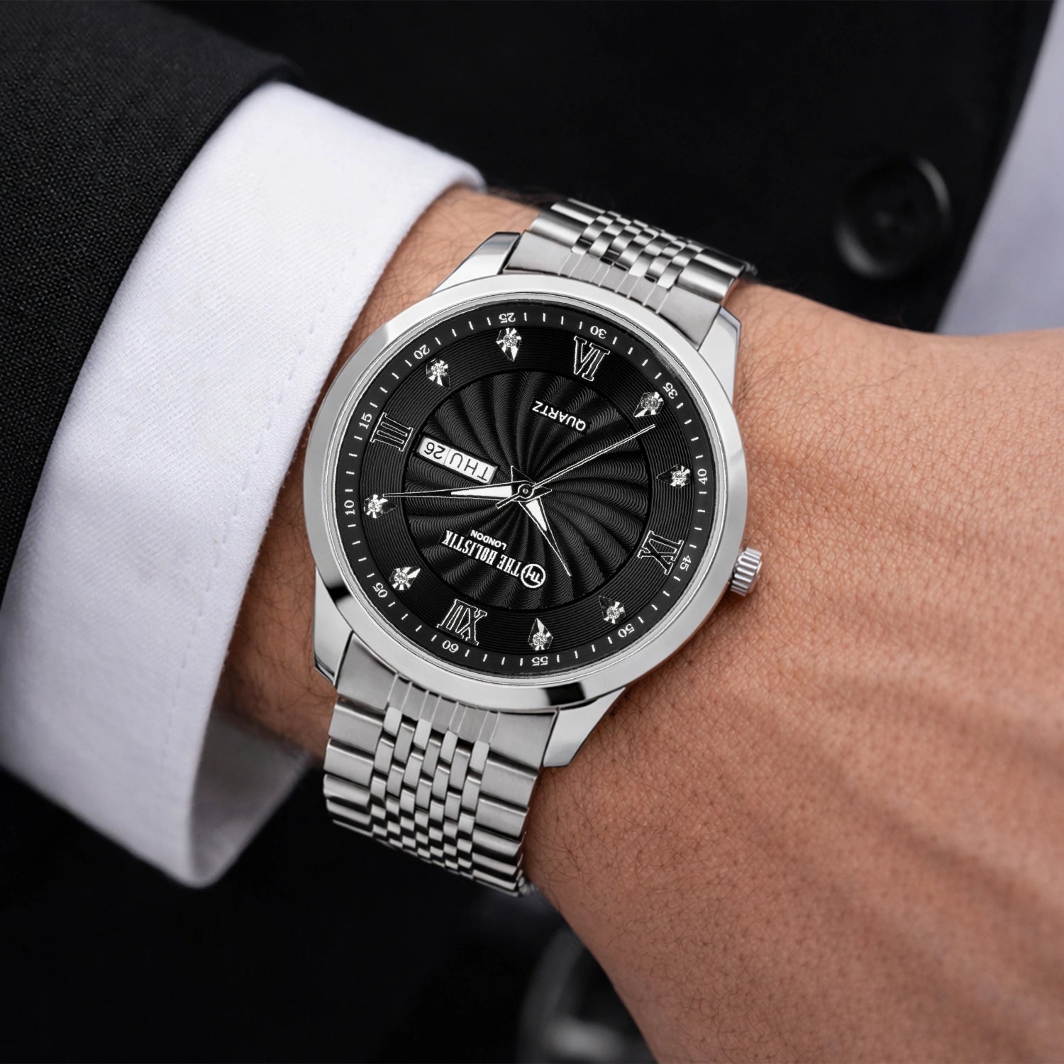 Velmore Watch for Men | Stylish Metal Strap | Day-Date Feature | Roman Dial | Formal & Casual Wear