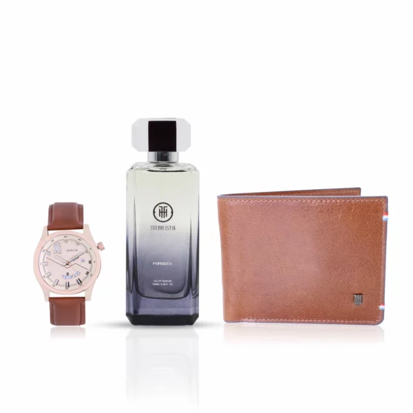men's combo, tan/brown/rose gold men's watch, men's parfum EDP, tan/brown men's wallet, genuine leather wallet
