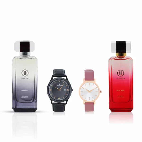 couple's combo, men's parfum EDP, men's black watch, combo, women's parfum EDP, women's white/deep pink watch