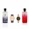 couple's combo, men's parfum EDP, men's rose gold/brown watch, combo, women's parfum EDP, women's olive/gold watch