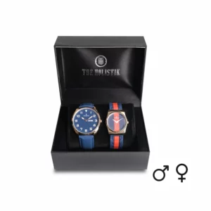 couple's watch combo/pair, blue men's watch, navy blue/orange women's watch