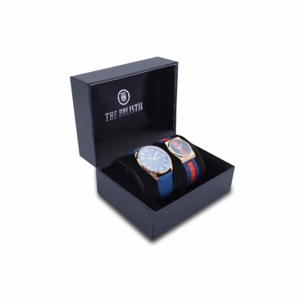 couple's watch combo/pair, blue men's watch, navy blue/orange women's watch