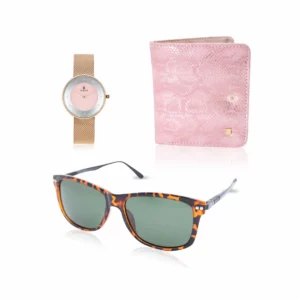 women's combo, women's gold/pink watch, women's wayfarer sunglasses, pink women's wallet