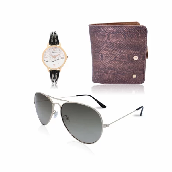 women's combo, women's white watch, women's aviator sunglasses, brown women's wallet