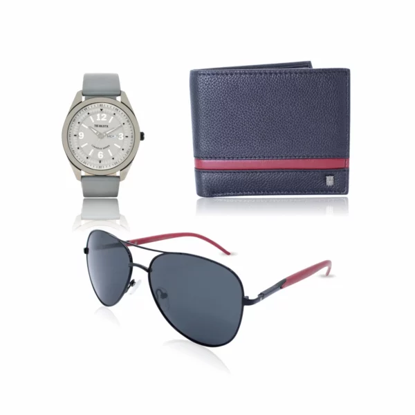 men's combo, grey men's watch, men's aviator sunglasses, black/maroon men's wallet, genuine leather wallet