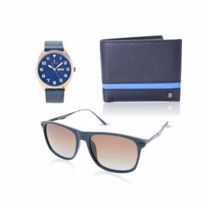 men's combo, blue men's watch, men's wayfarer sunglasses, black/blue men's wallet, genuine leather wallet