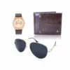 men's combo, gold /brown men's watch, men's aviator sunglasses, brown men's wallet, genuine leather wallet