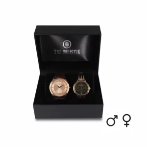 couple's watch combo/pair, rose gold/brown men's watch, olive/gold women's watch