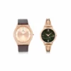couple's watch combo/pair, rose gold/brown men's watch, olive/gold women's watch