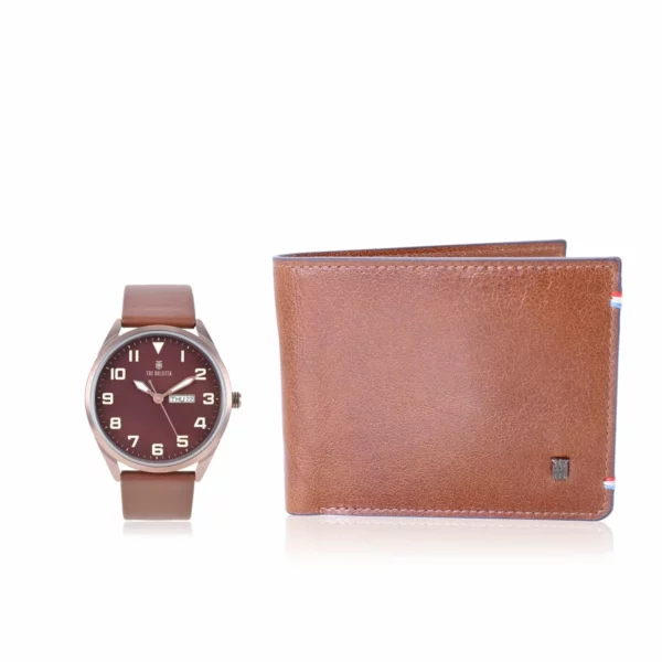 men's combo, men's watch, men's wallet, genuine leather wallet, brown, tan