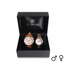 couple's watch combo/pair, rose gold/brown/tan men's watch, white/ brown women's watch