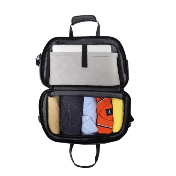 drifter smart suitcase duffel bag, usb charging port, TSA lock, split opens like suitcase, black